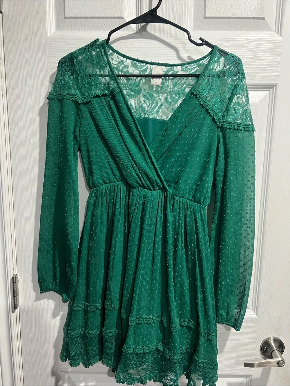 Villa Emerald Green Lace Long Sleeve V-Neck Fit & Flare Mini Dress Size XS - Picture 5 of 6